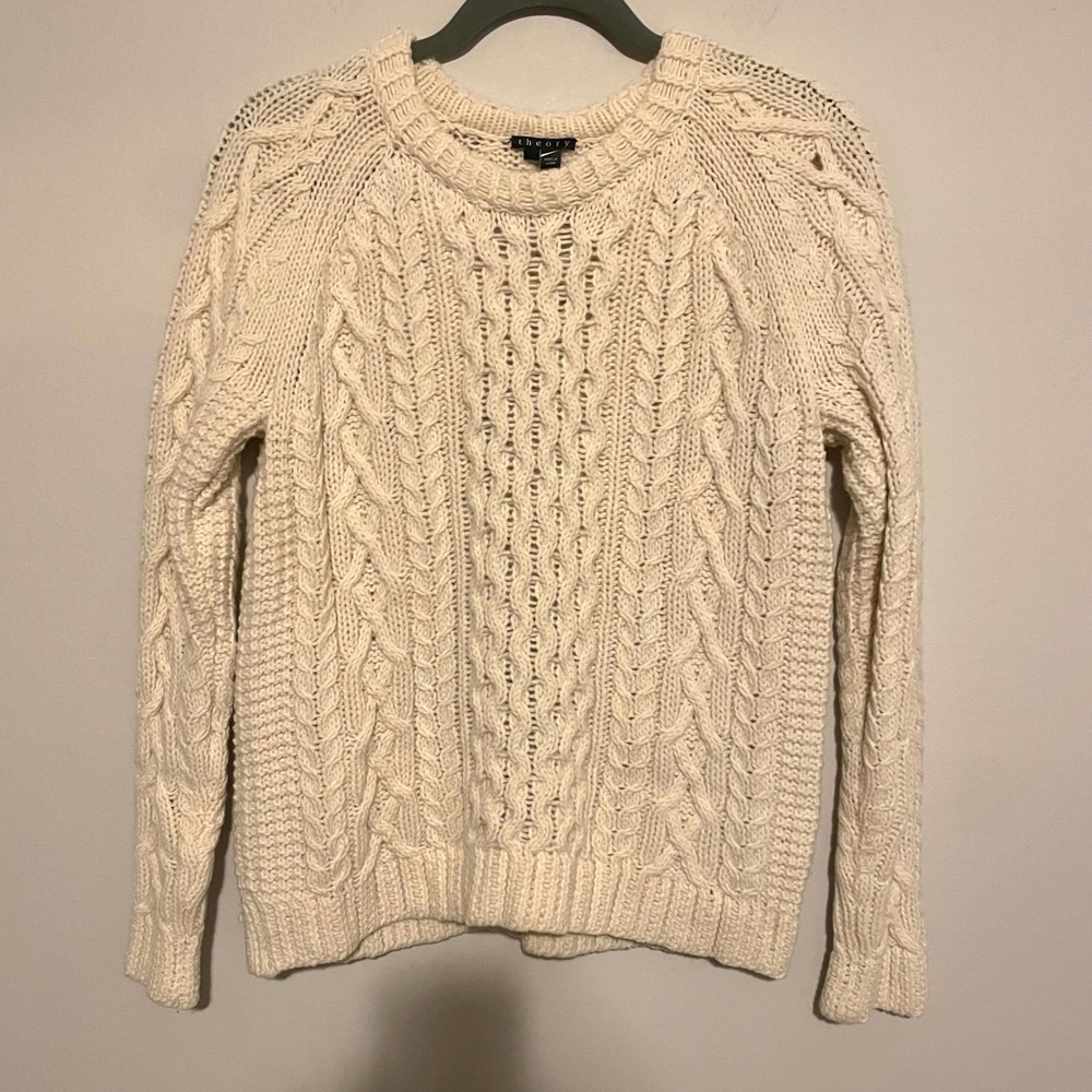 Theory Wool Cable Knit Twist Sweater Cream Crewneck M fisherman preppy classic‎